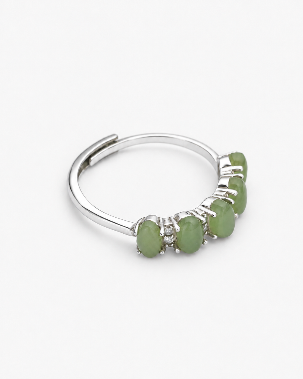 Rear side view of the Flowing Five green nephrite jade ring in silver tone