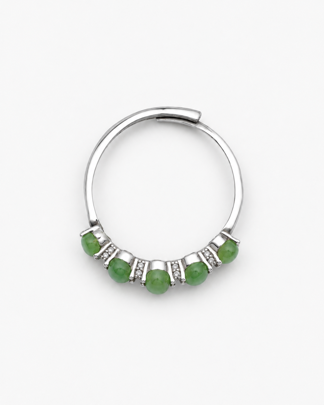 Top view of the Flowing Five green nephrite jade ring with silver-tone details